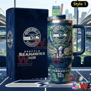 Seattle Seahawks Super Bowl champions insulated tumbler displayed in a football stadium!