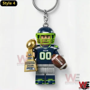 Seahawks player keychain number zero zero holding gold Super Bowl 2026 trophy.