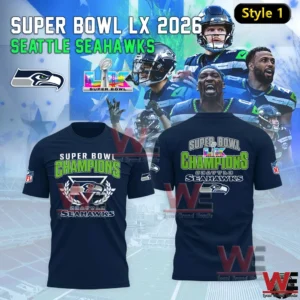 Seattle Seahawks Super Bowl LX 2026 champions navy tee shirt front and back!