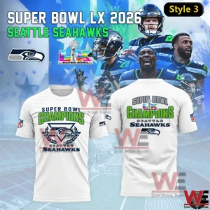 Seattle Seahawks Super Bowl LX 2026 champions white tee shirt front and back!