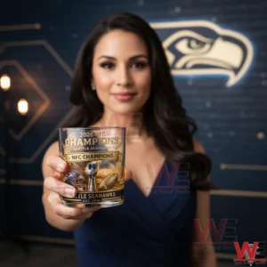 Woman holding Seattle Seahawks NFC Champions whiskey glass with team logo in front of Seahawks background!