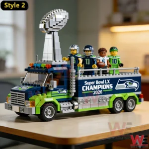Seattle Seahawks Super Bowl LX Champions 2026 parade truck building set with large trophy and mini figures!