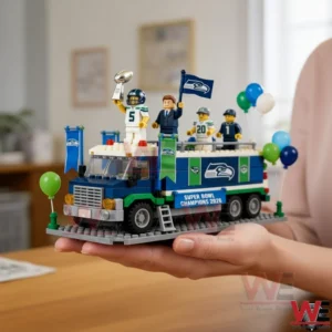 Seattle Seahawks Super Bowl Champions 2026 parade truck building set held in a hand!