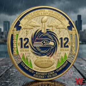 Gold Seattle Seahawks 2026 Super Bowl LX Twelfth Man commemorative coin with storm and trophy design.
