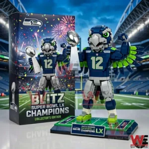 Seattle Seahawks mascot building set holding a championship trophy in a stadium.