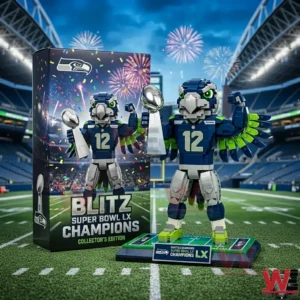 Seattle Seahawks mascot building set with collectors box on football field.