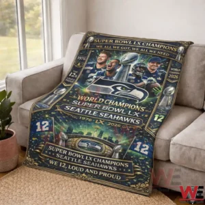 Seattle Seahawks Super Bowl LX Champions fleece blanket displayed on a sofa with team logo and trophy design.