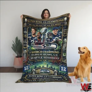 Seattle Seahawks 2026 Super Bowl LX Champions Fleece Blanket 5 Woman holding Seattle Seahawks Super Bowl LX Champions fleece blanket with team logo and trophy artwork.