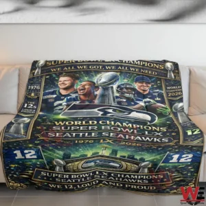 Seattle Seahawks 2026 Super Bowl LX Champions Fleece Blanket 7 Seattle Seahawks Super Bowl LX Champions fleece blanket spread across a sofa with detailed team artwork.