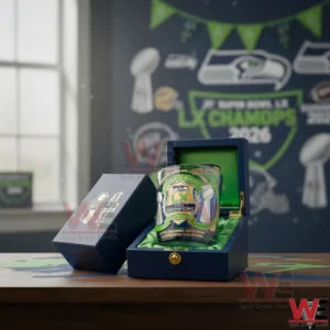 Seattle Seahawks Super Bowl LX 2026 champions glass displayed in an open luxury box!