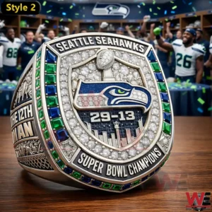 Seattle Seahawks Super Bowl champions ring with 29 13 score in locker room celebration scene!