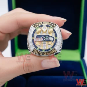 Close up of Seattle Seahawks Super Bowl LX championship ring with logo and gemstones!