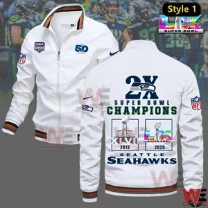 White Seattle Seahawks bomber jacket with Super Bowl champions design on front and back!