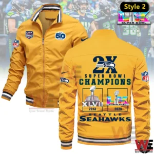 Gold Seattle Seahawks bomber jacket featuring Super Bowl champions graphics!