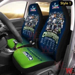 Seattle Seahawks Super Bowl Champions car seat covers with player collage design inside a vehicle!
