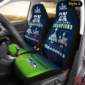 Seattle Seahawks Super Bowl Champions car seat covers featuring trophy graphics inside a car!
