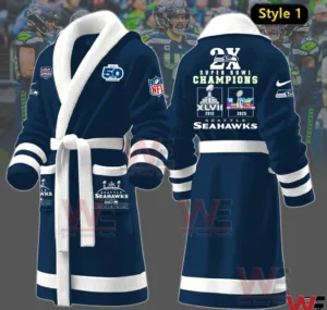 Navy Seattle Seahawks fleece bathrobe with white trim and Super Bowl champions graphics on the back!