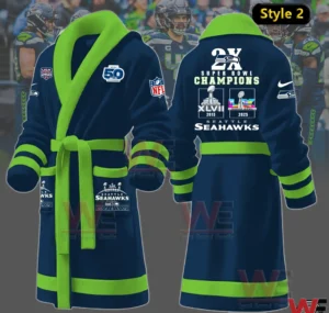 Navy Seattle Seahawks fleece bathrobe with green trim and champions design on the back!