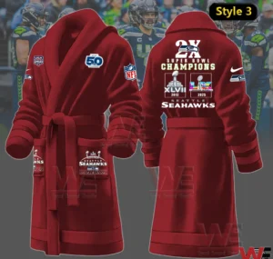 Red Seattle Seahawks fleece bathrobe with Super Bowl champions graphics on the back!