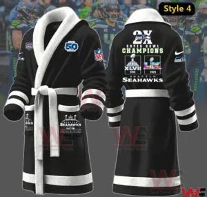 Black Seattle Seahawks fleece bathrobe with white trim and champions design on the back!