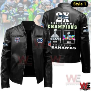 Black Seattle Seahawks leather jacket featuring two time Super Bowl Champions design on the back!
