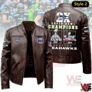 Dark brown Seattle Seahawks leather jacket with two time Super Bowl Champions graphic on the back!