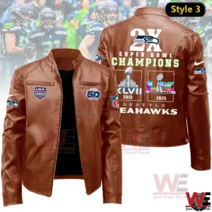 Light brown Seattle Seahawks leather jacket showing two time Super Bowl Champions design on the back!