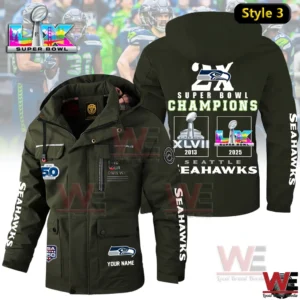 Dark green Seattle Seahawks Super Bowl Champions windbreaker jacket with bold back graphics and team logos!