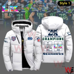 White Seattle Seahawks 2X Super Bowl Champions winter down jacket with team graphics and championship years on back!
