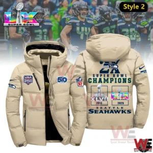 Beige Seattle Seahawks 2X Super Bowl Champions winter down jacket with championship graphics on back!