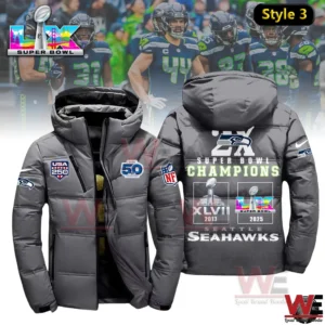 Gray Seattle Seahawks 2X Super Bowl Champions winter down jacket with bold back graphics!