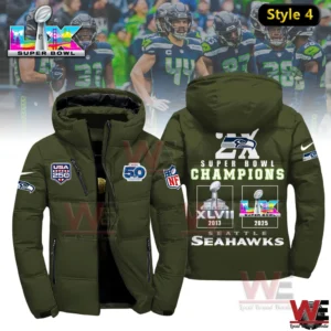 Green Seattle Seahawks 2X Super Bowl Champions winter down jacket with championship design on back!
