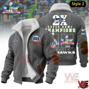 Gray Seattle Seahawks 2X Super Bowl Champions fleece jacket with detailed patches and bold back design.