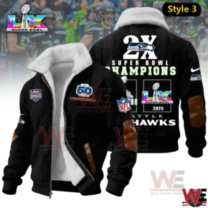 Black Seattle Seahawks 2X Super Bowl Champions fleece jacket with championship back print and sleeve patches.