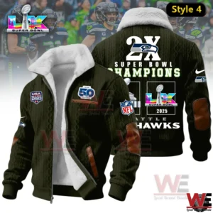 Green Seattle Seahawks 2X Super Bowl Champions fleece jacket with back championship graphic and front patches.
