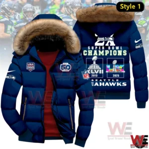 Navy blue Seattle Seahawks winter jacket with fur hood and Super Bowl Champions design on back!