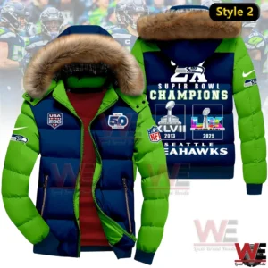 Navy and green Seattle Seahawks winter jacket with fur hood and Super Bowl Champions graphics!