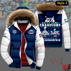 Navy and white Seattle Seahawks winter jacket with fur hood and championship print on back!
