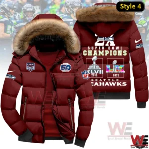 Red Seattle Seahawks winter jacket with fur hood and Super Bowl Champions back design!