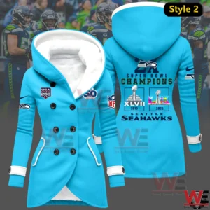 Blue Seattle Seahawks women fleece hoodie celebrating Super Bowl Champions 2013 and 2025.