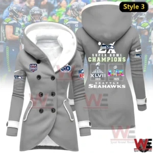 Gray Seattle Seahawks women fleece hoodie celebrating Super Bowl Champions 2013 and 2025.