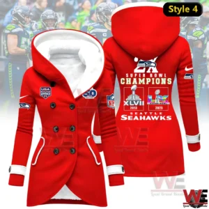 Red Seattle Seahawks women fleece hoodie celebrating Super Bowl Champions 2013 and 2025.
