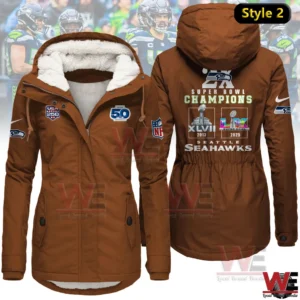 Brown women winter fleece jacket featuring Seattle Seahawks Super Bowl Champions graphics.