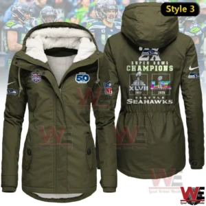 Olive green women winter fleece jacket with Seattle Seahawks Super Bowl Champions print.