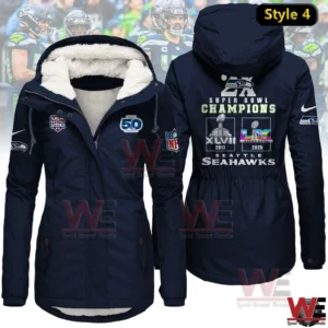 Navy women winter fleece jacket with Seattle Seahawks Super Bowl Champions design.