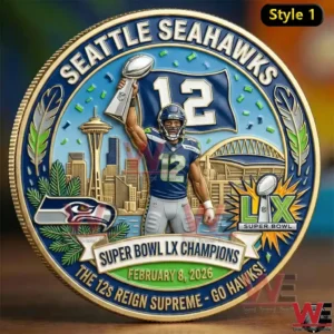 Seattle Seahawks Super Bowl champion coin with player holding trophy and Seattle skyline!