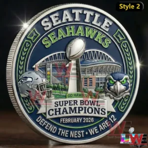 Seattle Seahawks Super Bowl champion coin with stadium trophy helmet and hawk emblem!