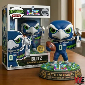 Seahawks mascot collectible beside its display box holding a football and trophy!