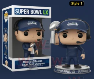 Football coach champion figure holding a Super Bowl trophy next to a display box!