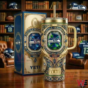 Seattle Seahawks Super Bowl champions tumbler with decorative box on wooden table!